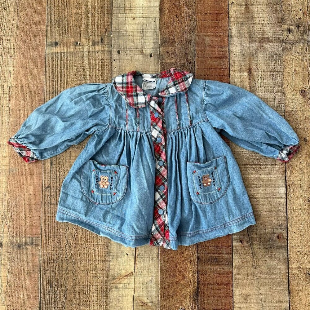 Thomas Vintage Bear Embroidered Collared Plaid Denim Button Down Dress -12M